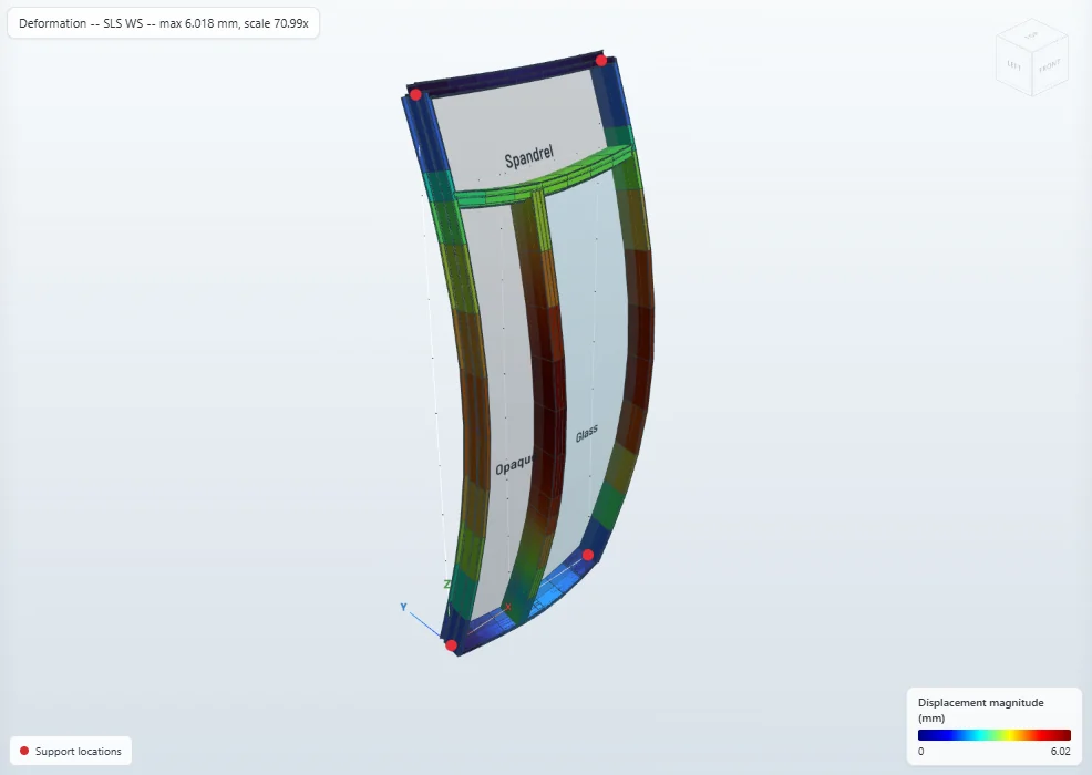 Unitized unit deformed under wind suction, coloured by displacement